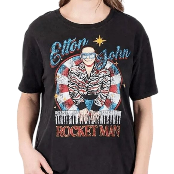 Licensed Band Tee Elton John Rocket Man Black Tee NWT - Picture 1 of 5